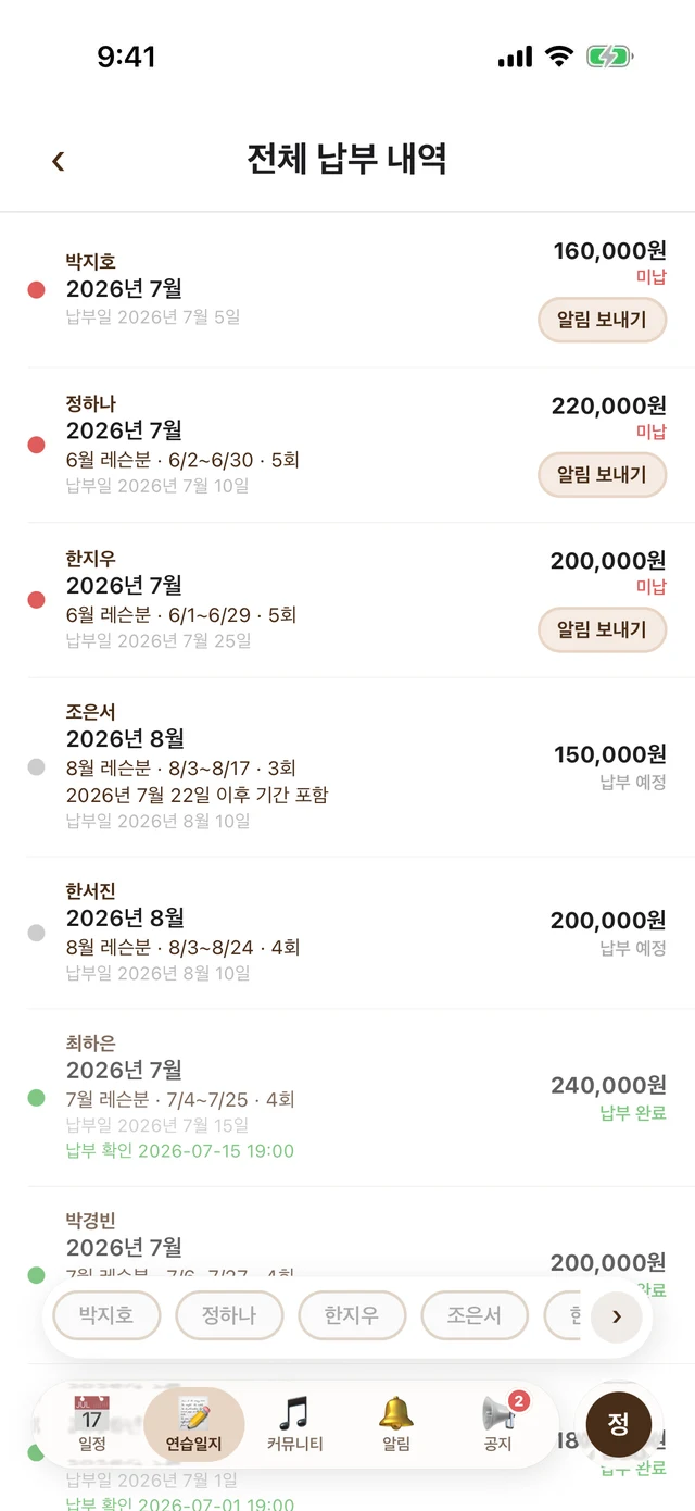 수강료 납부 내역 화면 — 월별 수납 현황과 미납 관리